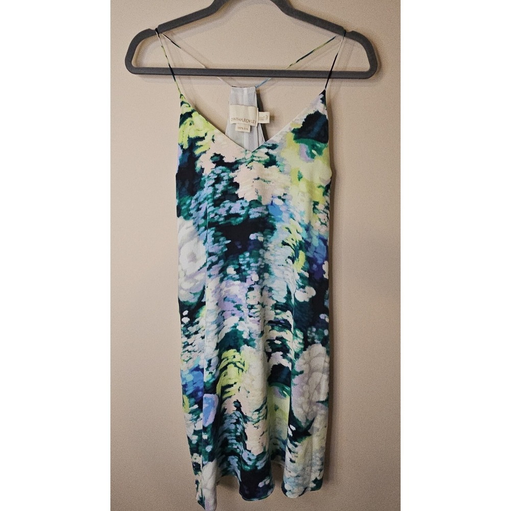 Cynthia Rowley Slip Dress Women 4 100% Silk Blue Pink Abstract Pockets Chic Luxe